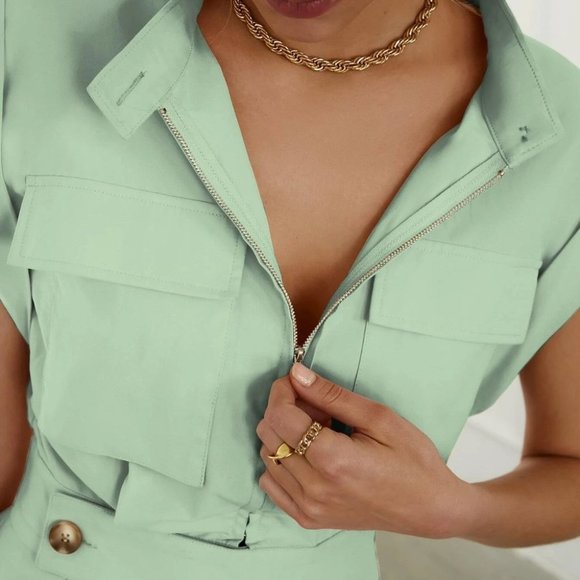 mint green zipper front romper chic classy elegant fall winter - Picture 4 of 4